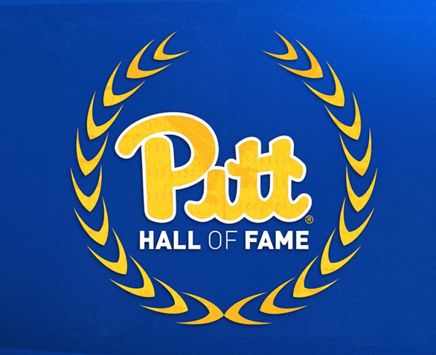 Gold and white writing "Pitt Hall of Fame" on a blue background