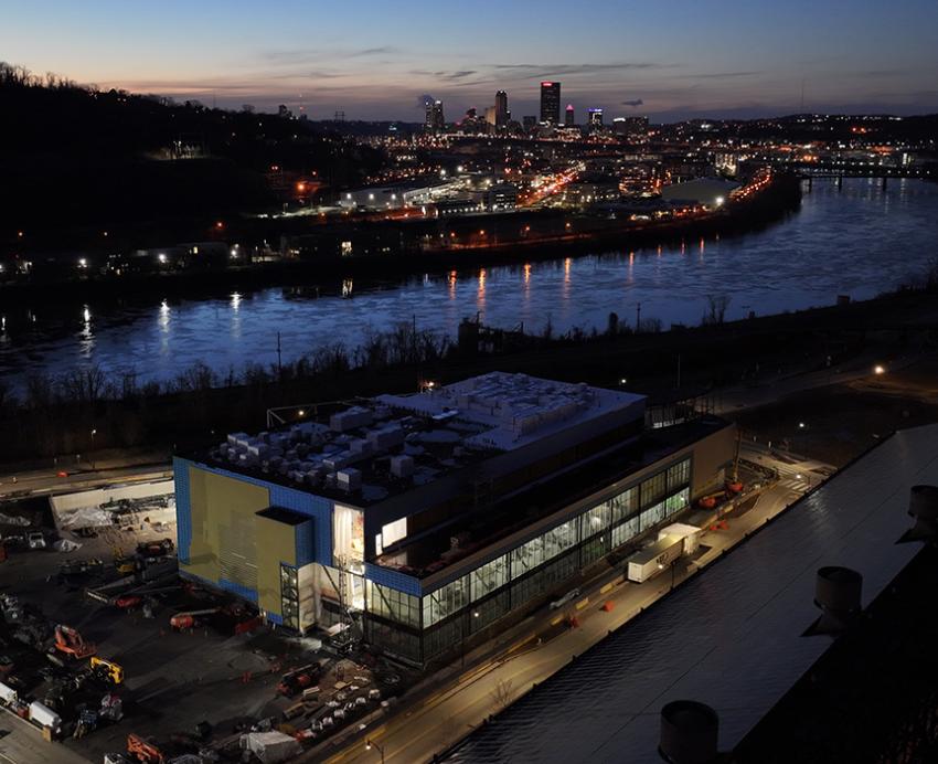 Aerial image of Pitt Bioforge with Pittsburgh skyline in background
