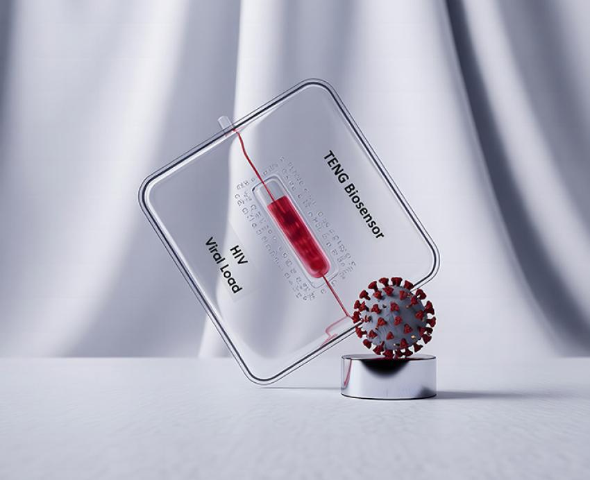 TENG Biosensor next to a small model of HIV virus