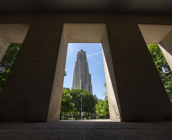 Cathedral of Learning viewed from between for two pillars