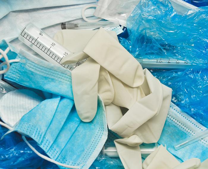 gloves, masks, tubes, plastic and trash