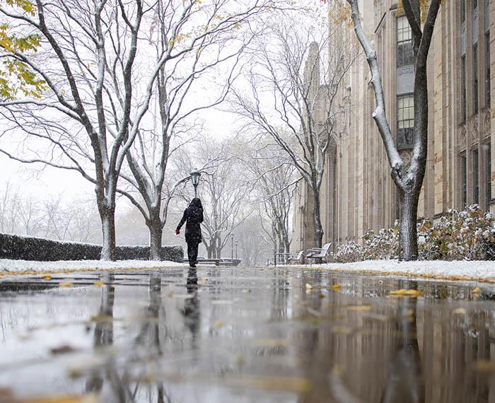 a person walking near the Cathedral in the winter