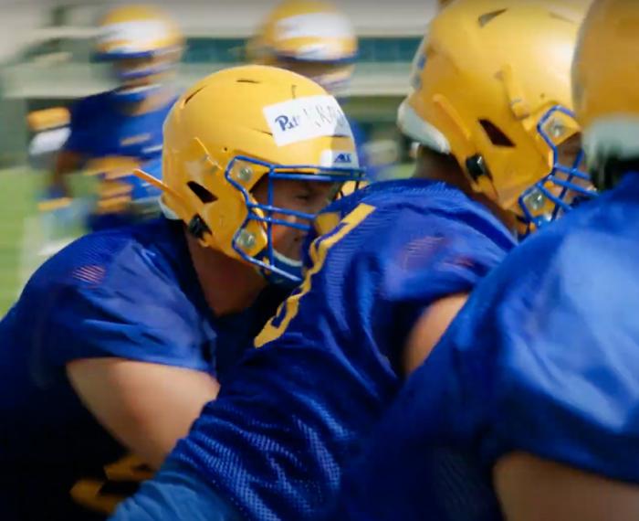 Football players in yellow helmets and blue jerseys
