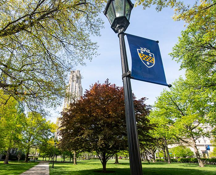 A Pitt shield banner on a lamppost outside