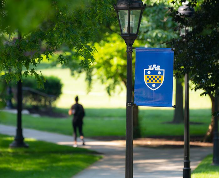 A blue flag with a Pitt shield on a black lamppost