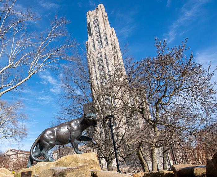 A Panther statue in front of the Cathedral of Learning