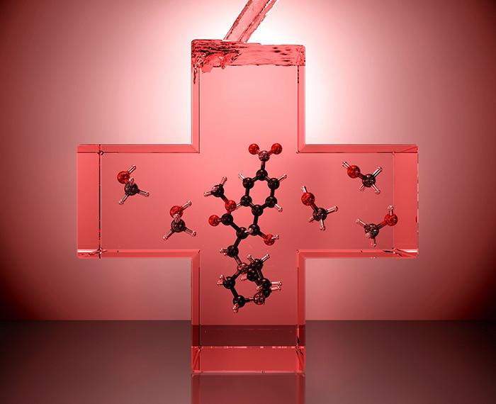 An illustration of chemical compounds in a liquid cross