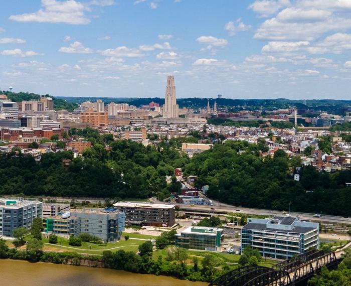 A drone shot of Oakland in Pittsburgh