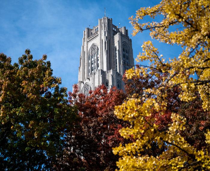 Colorful fall leaves frame the Cathedral of Learning