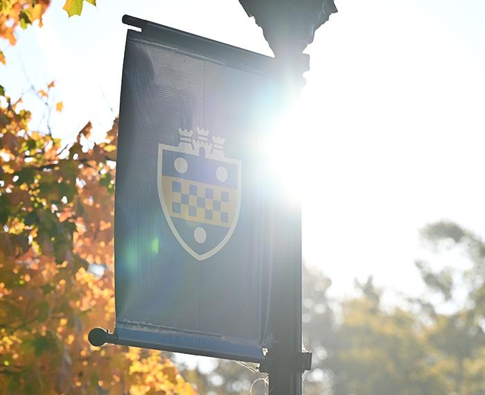 The sun shines behind a Pitt shield flag