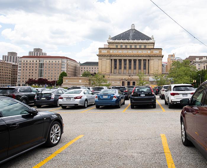 A parking lot near Soldiers and Sailors Memorial Hall