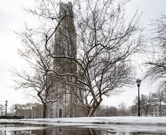 Cathedral of Learning pictured during the winter with snow, a leafless tree and puddle.