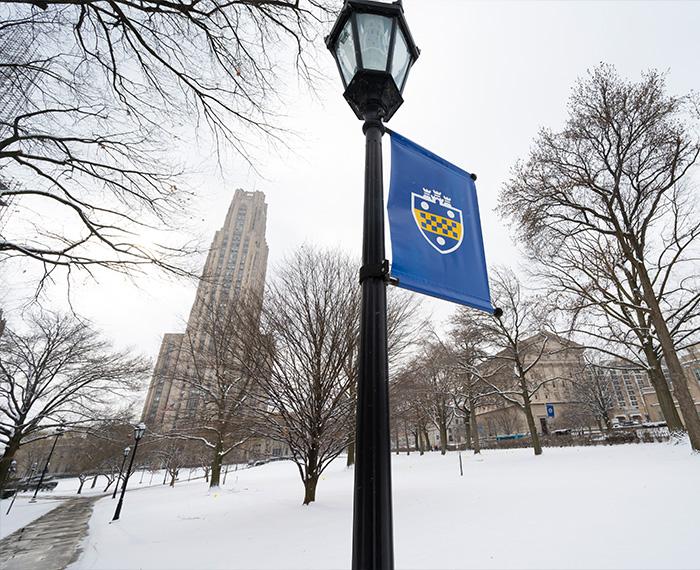 A Pitt-branded lamppost banner on a snowy campus