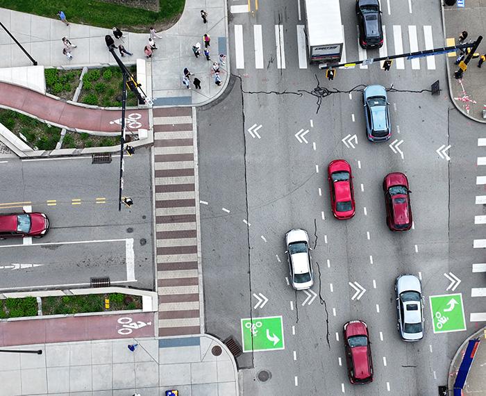 Birdseye view of an intersection