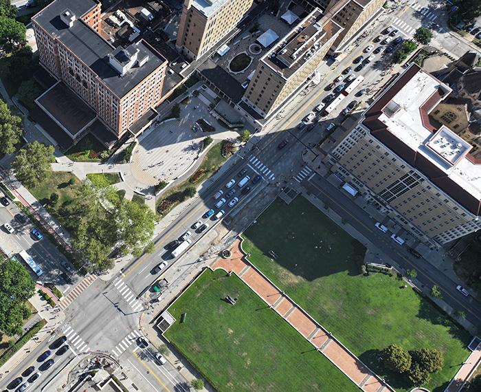A drone photo of Fifth Avenue