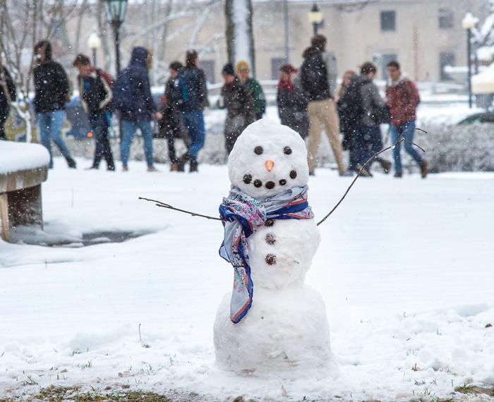 A snow man in a purple scarf