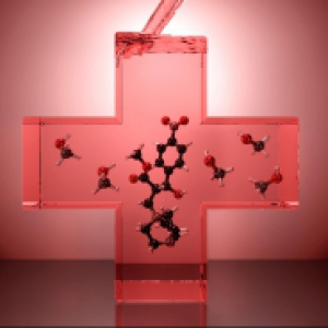 a red see-through cross with little chemical/atom bits in it