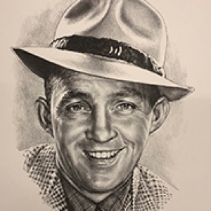 An artist's rendition of Bing Crosby wearing a hat and a checkered jacket