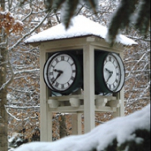 A clock tower in the Pitt-Bradford campus