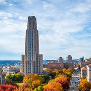 The Cathedral of Learning with colorful trees beneath