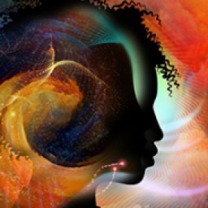 An artist's depiction of a silhouette of a person with swirling colors around them