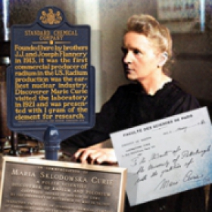Collage of Marie Curie and commemorative plaques of her