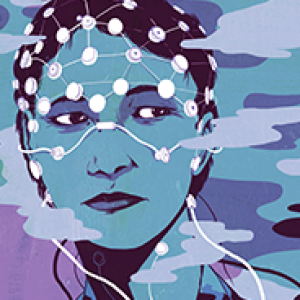 blue, black and purple illustration of a woman with a wire/electrode cap on her head