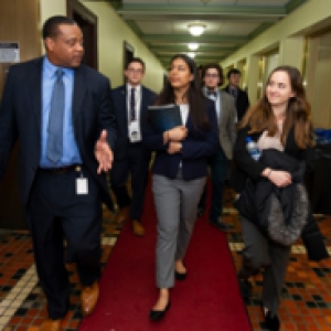 Pennsylvania House Representative Ed Gainey (left) walks and talks with Pitt Advocates during 2019’s Pitt Day in Harrisburg.