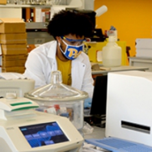 A person in a Pitt face mask and white lab coat works in a lab