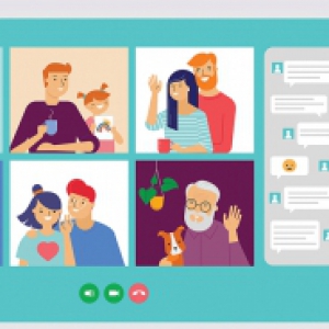 depiction of a video call including several elderly participants