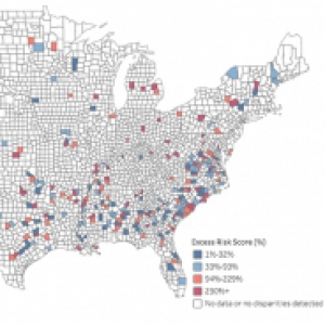 An interactive map showing disparities between communities in blue and red