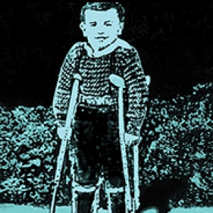 Illustration in blue and black duotone of young boy in wearing leg braces and using crutches