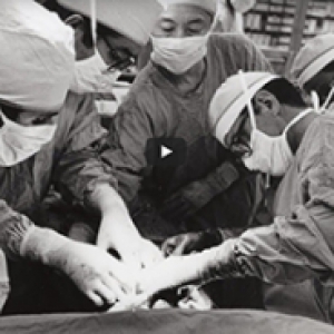 A black and white photo of a surgery