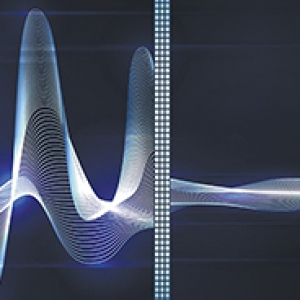 a sound wave on the left that, when it crosses a barrier in the middle, becomes smaller
