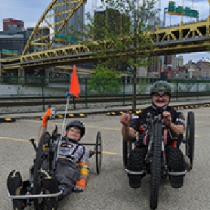 Rory Cooper (left) with friend David Gifford (right) just before the 2020 virtual Pittsburgh Marathon