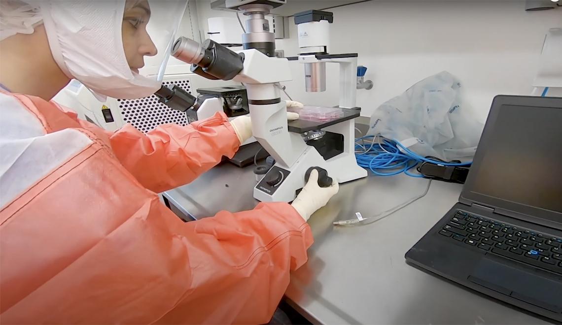 Woman in protective gear looking in a microscope