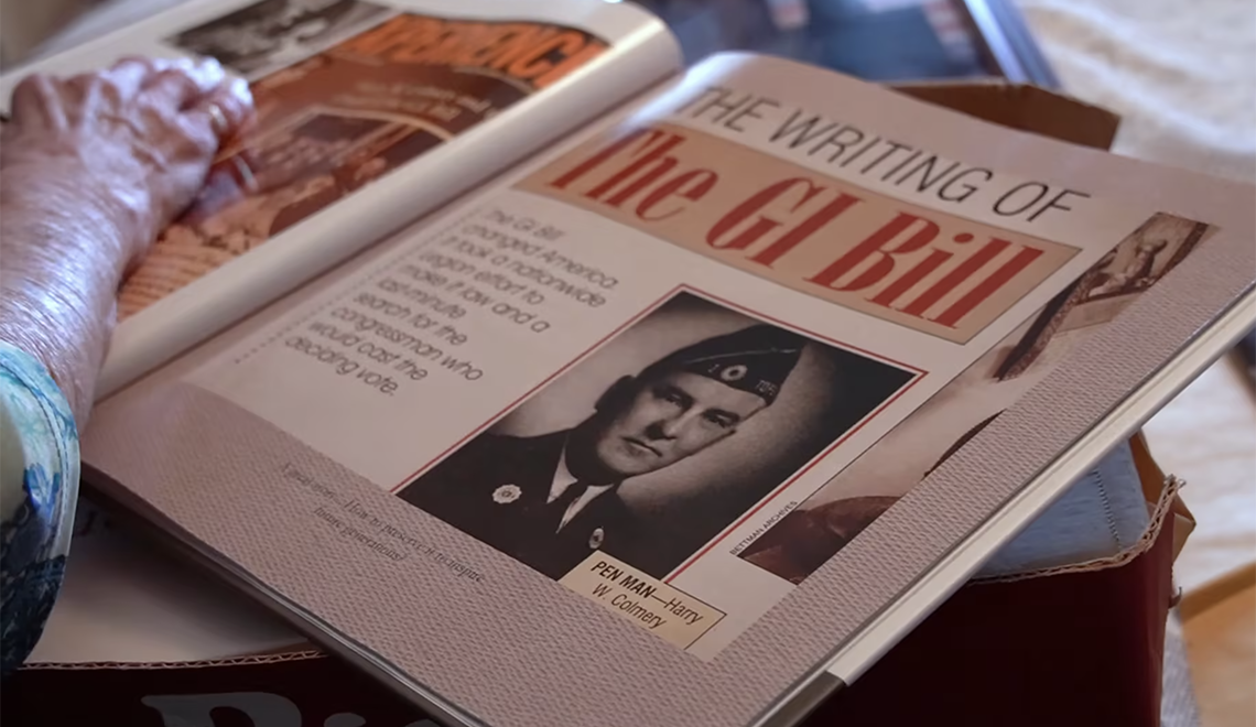 Book opened up to page about the writing of the G.I. Bill