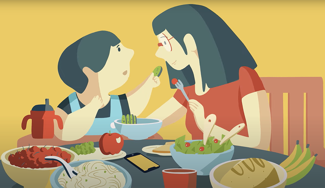 Illustration of mother and child eating healthy food together