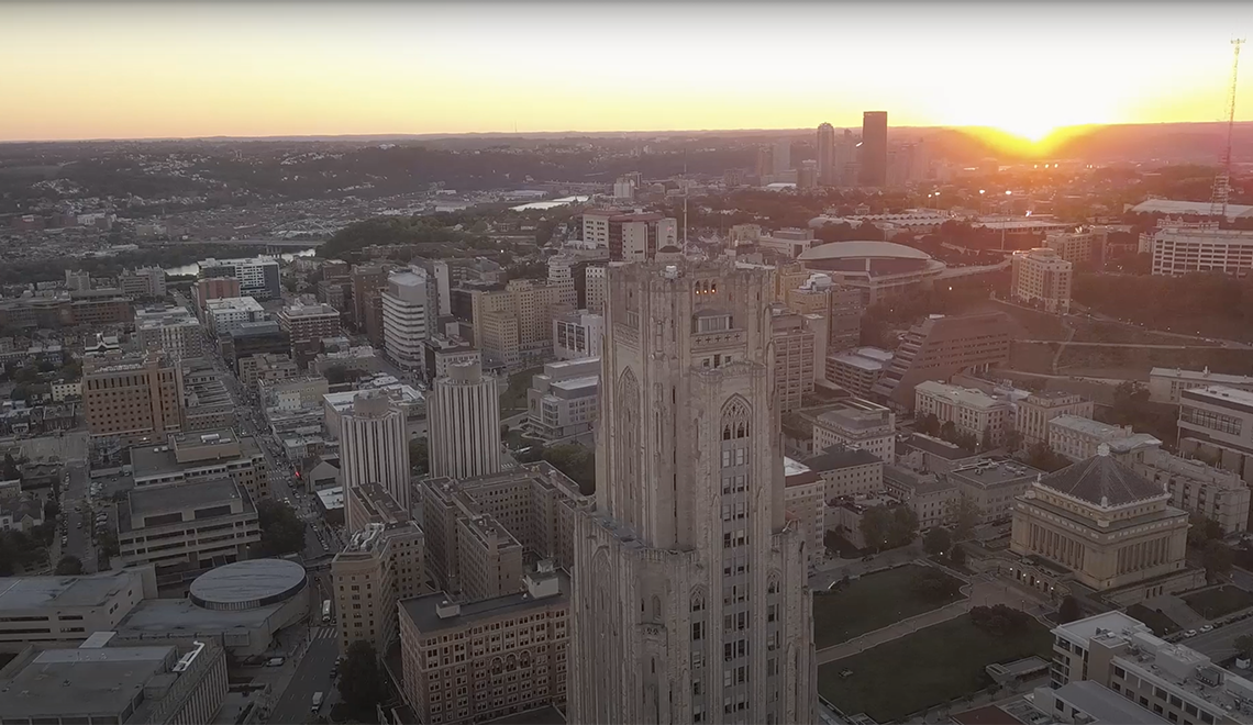 Aerial view of campus during sunset