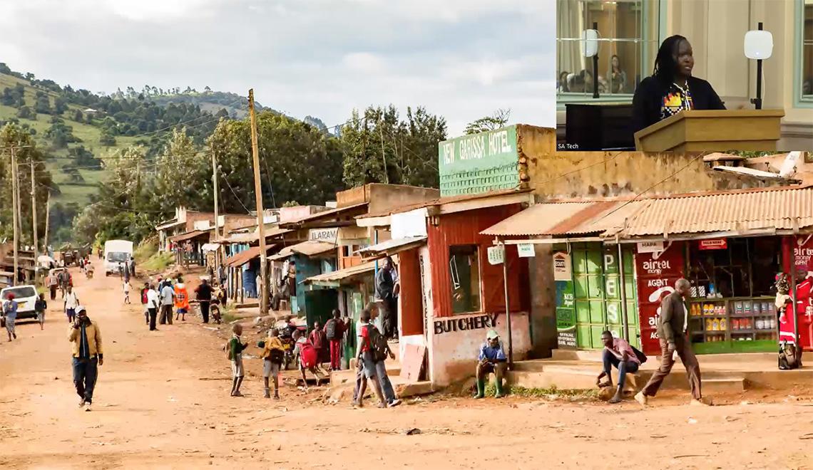 Ntaiya gives a lecture in the upper right corner of a picture of a Kenyan village