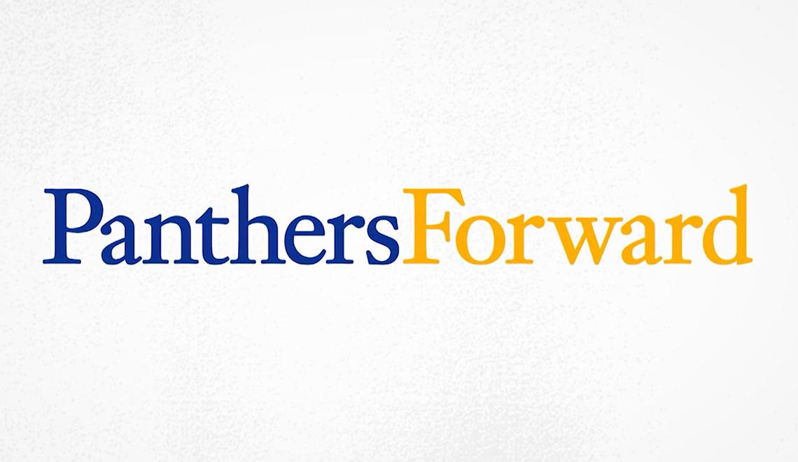 Blue and yellow text on a white background reads Panthers Forward